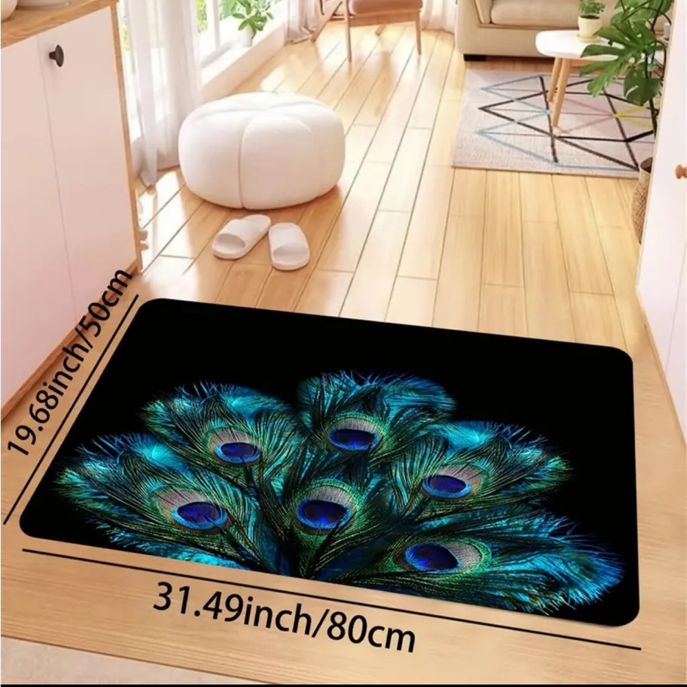Peacock Feather Themed Black Mat Rug (NWT), Medium